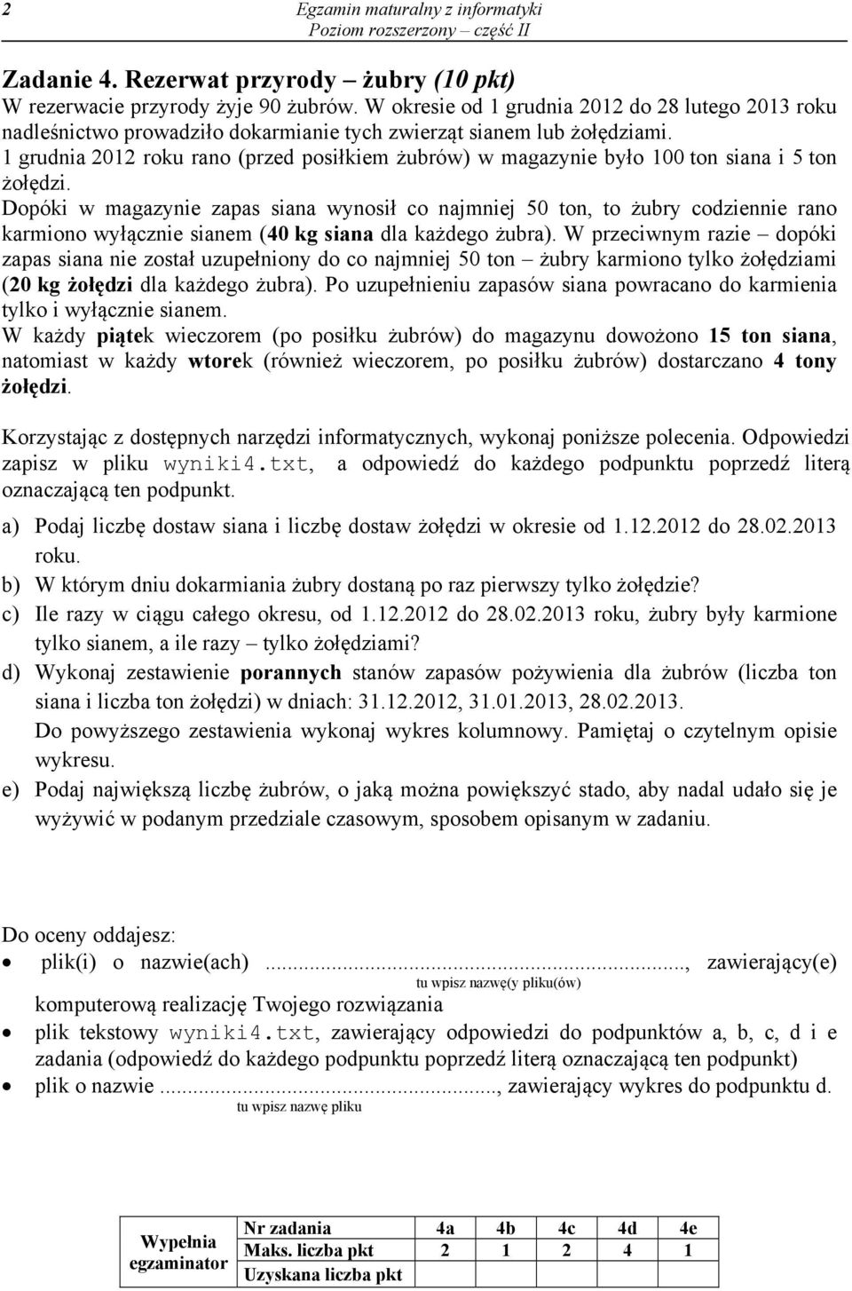 1 grudnia 2012 roku rano (przed posiłkiem żubrów) w magazynie było 100 ton siana i 5 ton żołędzi.