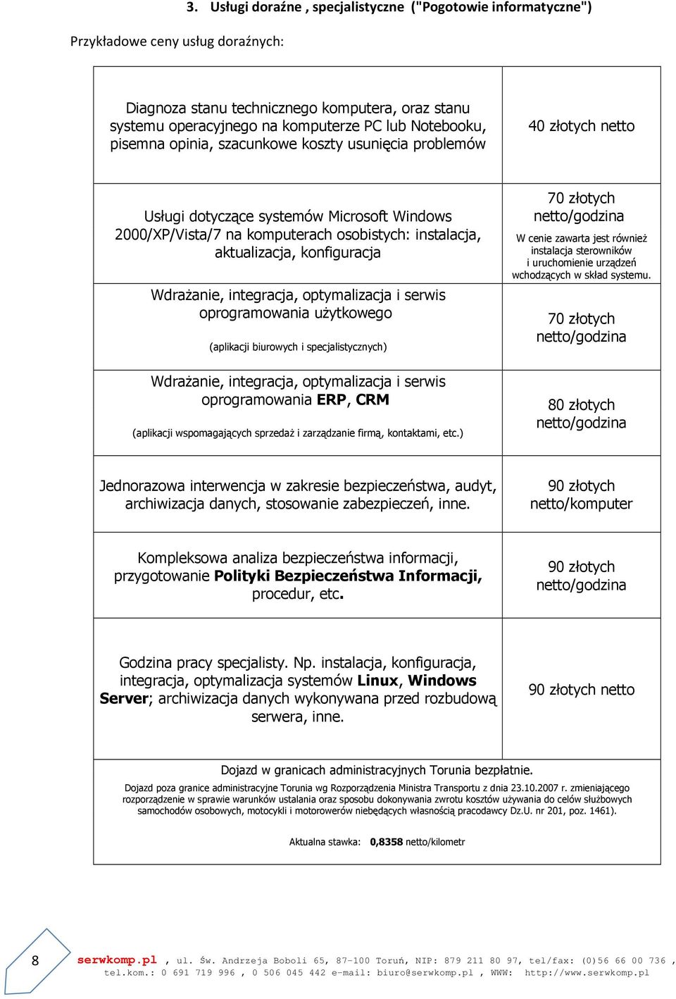 usunięcia problemów 40 złotych netto Usługi dotyczące systemów Microsoft Windows 2000/XP/Vista/7 na komputerach osobistych: instalacja, aktualizacja, konfiguracja WdraŜanie, integracja, optymalizacja