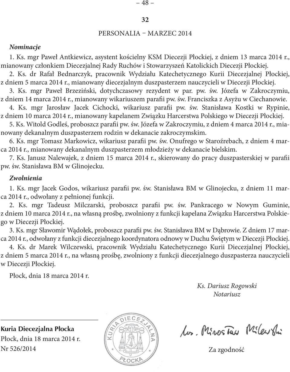 dr Rafał Bednarczyk, pracownik Wydziału Katechetycznego Kurii Diecezjalnej Płockiej, z dniem 5 marca 2014 r., mianowany diecezjalnym duszpasterzem nauczycieli w Diecezji Płockiej. 3. Ks.