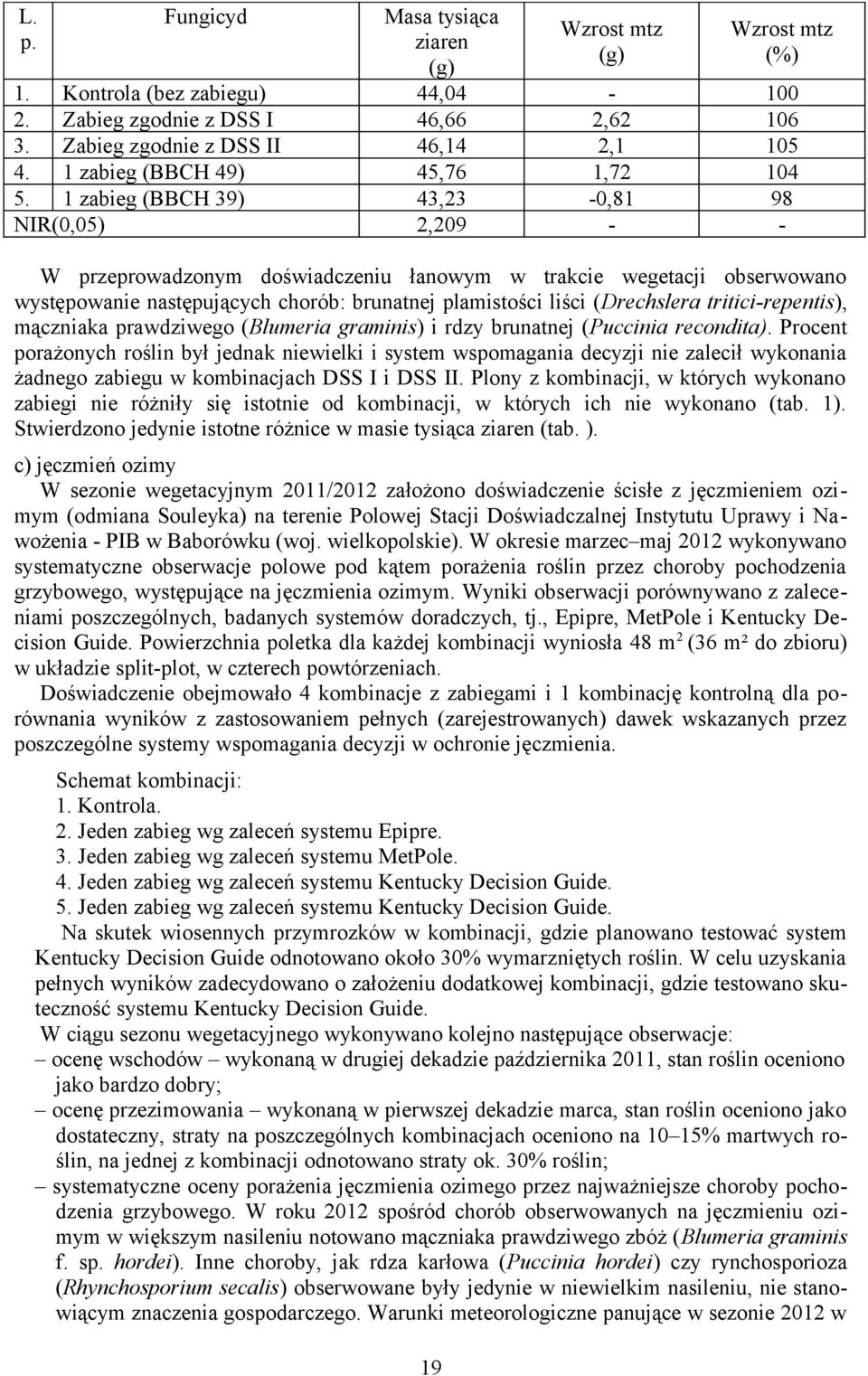 trakcie wegetacji obserwowano występowanie następujących chorób: brunatnej plamistości liści (Drechslera triticirepentis), mączniaka prawdziwego (Blumeria graminis) i rdzy brunatnej (Puccinia