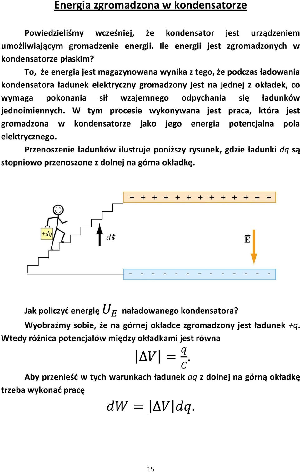 jednoimiennych W tym procesie wykonywana jest praca, która jest gromadzona w kondensatorze jako jego energia potencjalna pola elektrycznego Przenoszenie ładunków ilustruje poniższy rysunek, gdzie