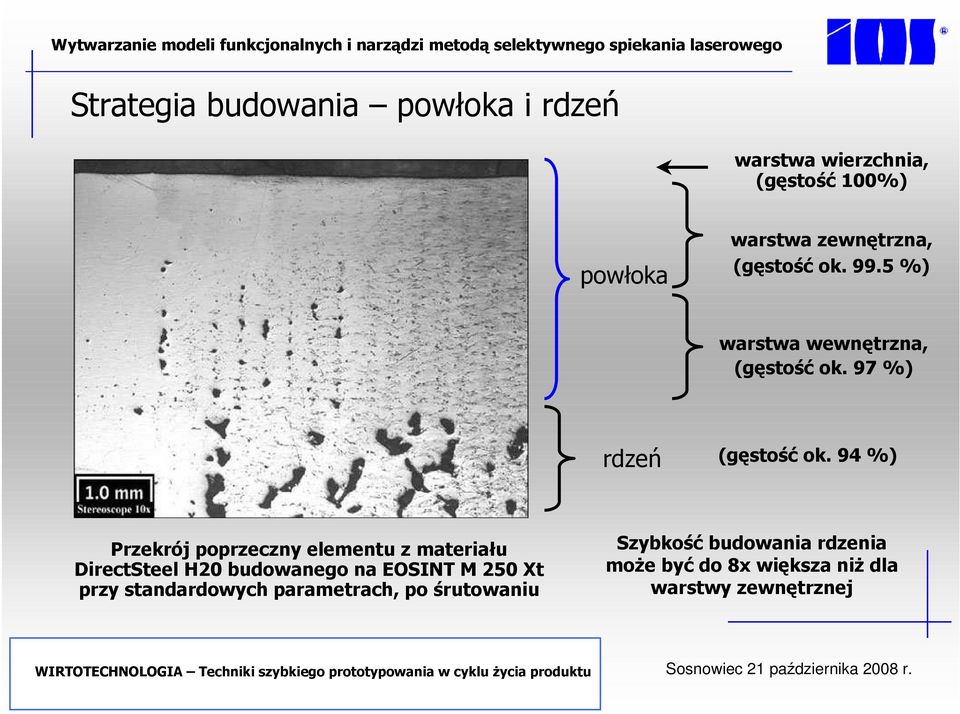 94 %) Przekrój poprzeczny elementu z materiału DirectSteel H20 budowanego na EOSINT M 250 Xt przy