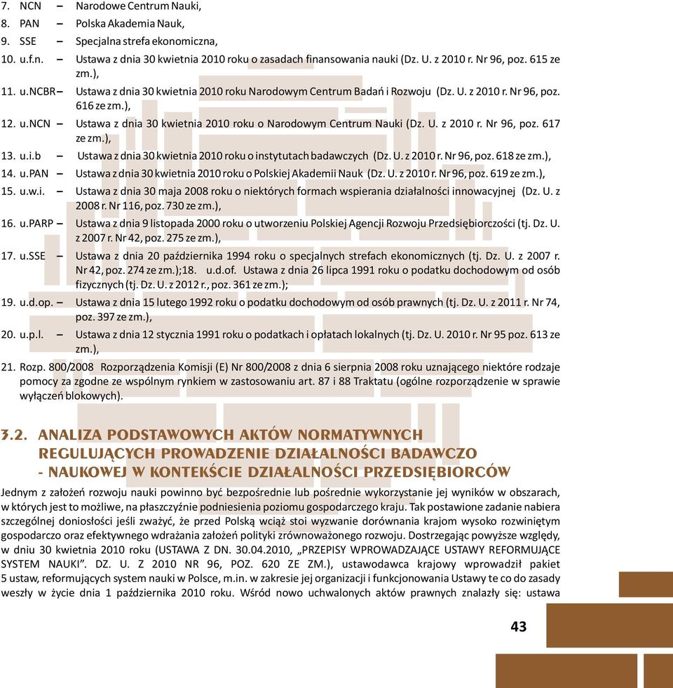 U. z 2010 r. Nr 96, poz. 617 ze zm.), 13. u.i.b Ustawa z dnia 30 kwietnia 2010 roku o instytutach badawczych (Dz. U. z 2010 r. Nr 96, poz. 618 ze zm.), 14. u.pan Ustawa z dnia 30 kwietnia 2010 roku o Polskiej Akademii Nauk (Dz.