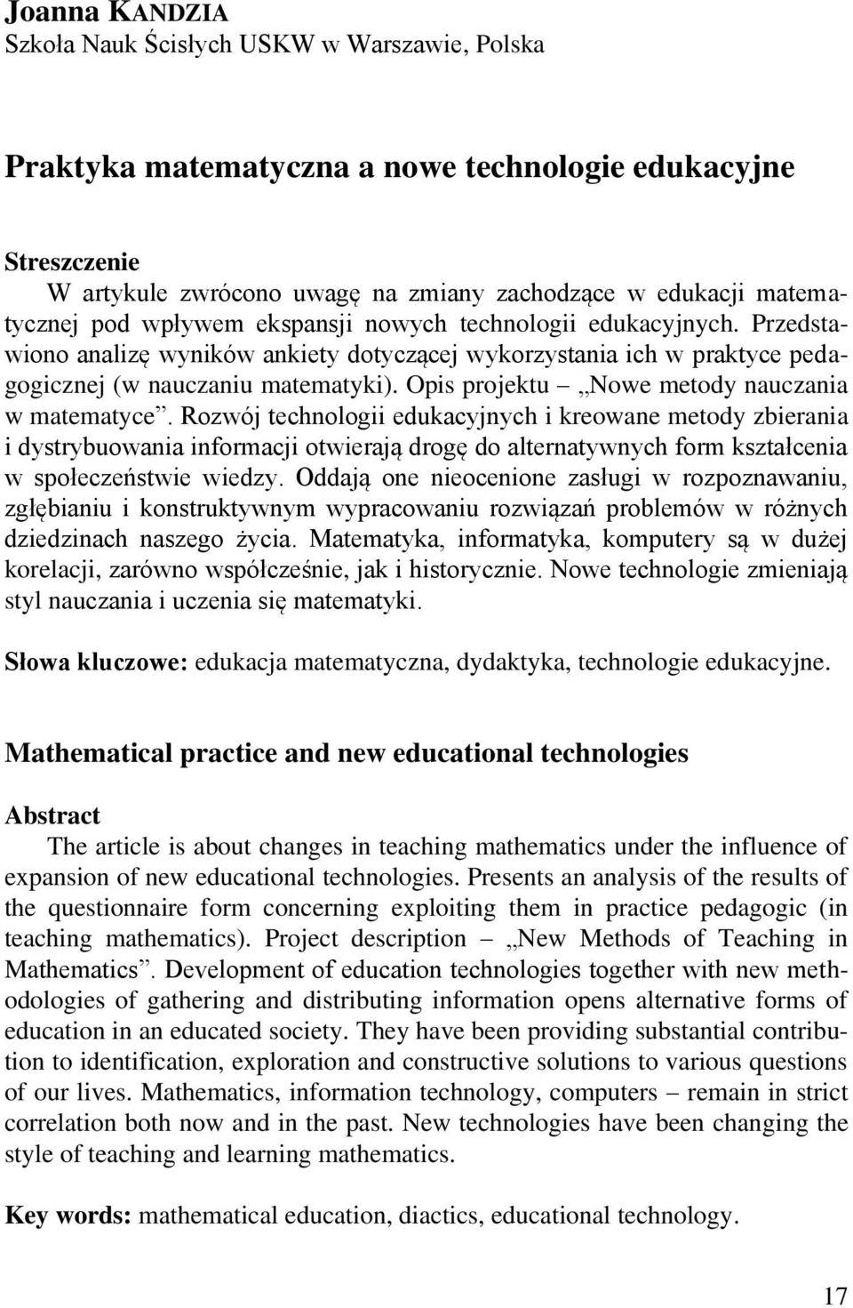 Opis projektu Nowe metody nauczania w matematyce.