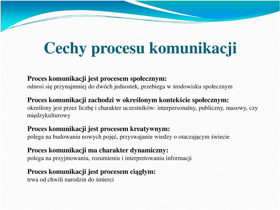 międzykulturowy Proces komunikacji jest procesem kreatywnym: polega na budowaniu nowych pojęć, przyswajaniu wiedzy o otaczającym świecie Proces komunikacji