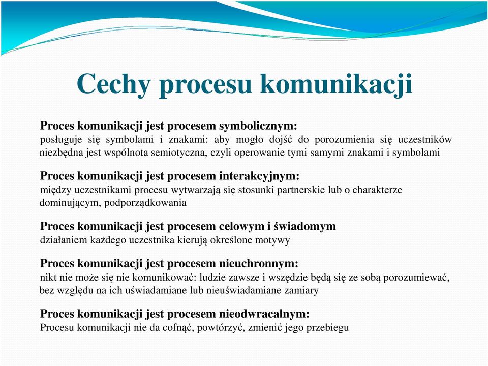 podporządkowania Proces komunikacji jest procesem celowym i świadomym działaniem każdego uczestnika kierują określone motywy Proces komunikacji jest procesem nieuchronnym: nikt nie może się nie