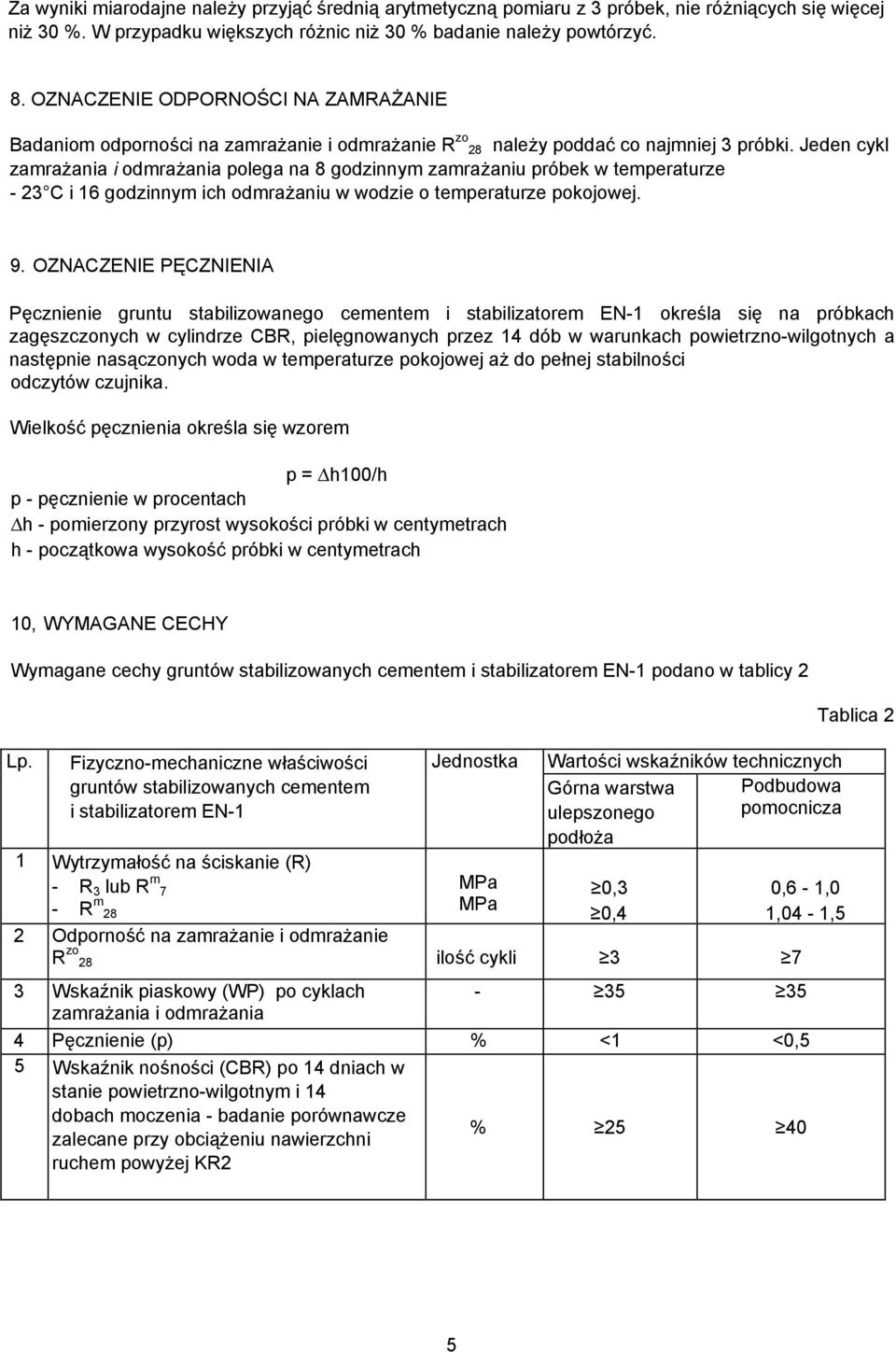 Jeden cykl zamrażania i odmrażania polega na 8 godzinnym zamrażaniu próbek w temperaturze - 23 C i 16 godzinnym ich odmrażaniu w wodzie o temperaturze pokojowej. 9.