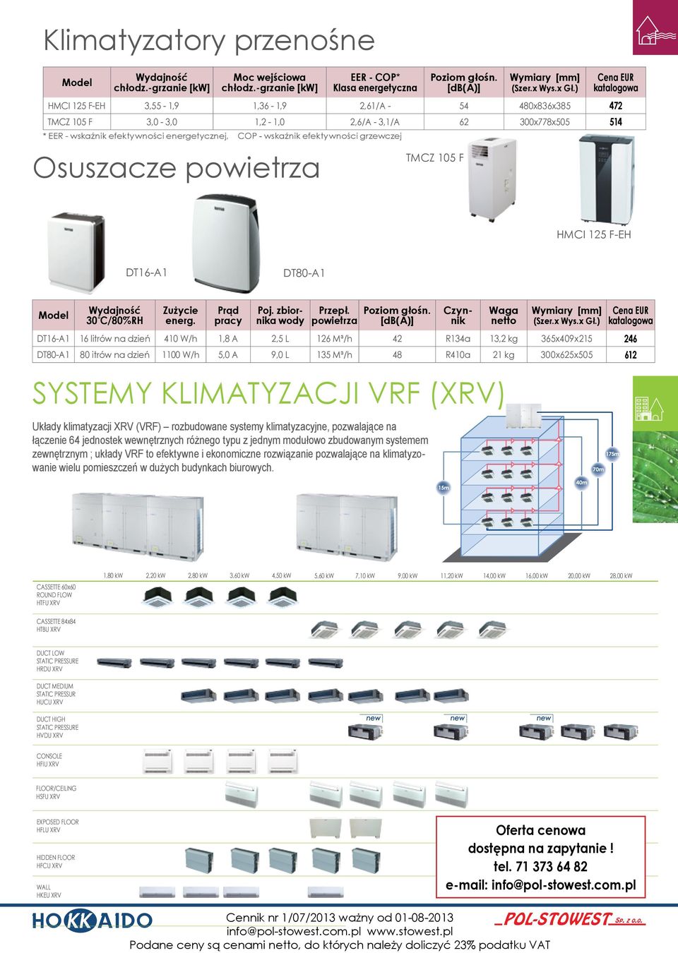 powietrza Czynnik Waga netto DT16-A1 16 litrów na dzień 410 W/h 1,8 A 2,5 L 126 M³/h 42 R134a 13,2 kg 365x409x215 246 DT80-A1 80 itrów na dzień 1100 W/h 5,0 A 9,0 L 135 M³/h 48 R410a 21 kg