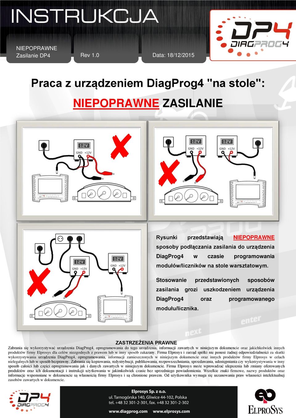 przedstawiają NIEPOPRAWNE sposoby podłączania zasilania do urządzenia DiagProg4 w czasie