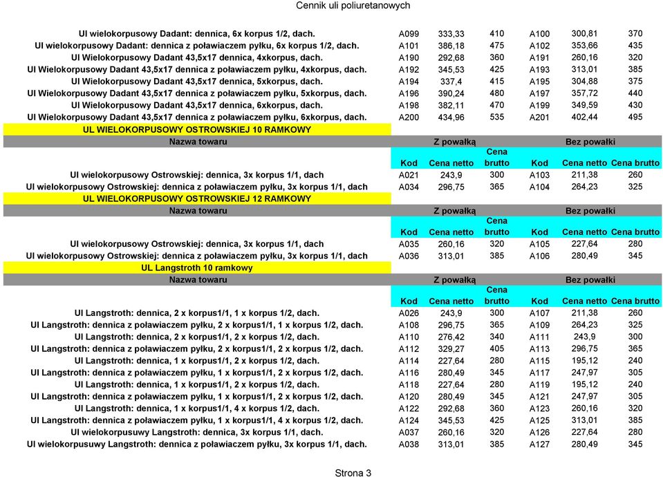 A192 345,53 425 A193 313,01 385 Ul Wielokorpusowy Dadant 43,5x17 dennica, 5xkorpus, dach. A194 337,4 415 A195 304,88 375 Ul Wielokorpusowy Dadant 43,5x17 dennica z poławiaczem pyłku, 5xkorpus, dach.
