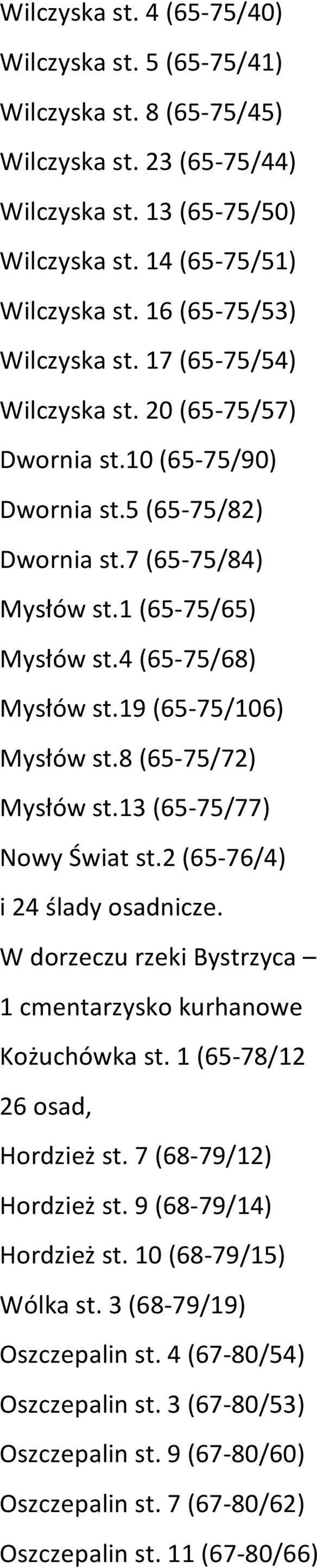 19 (65-75/106) Mysłów st.8 (65-75/72) Mysłów st.13 (65-75/77) Nowy Świat st.2 (65-76/4) i 24 ślady osadnicze. W dorzeczu rzeki Bystrzyca 1 cmentarzysko kurhanowe Kożuchówka st.