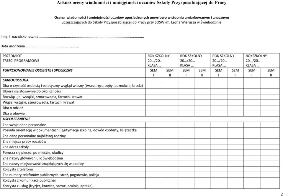 .. PRZEDMIOT TREŚCI PROGRAMOWE FUNKCJONOWANIE OSOBISTE I SPOŁECZNE SAMOOBSŁUGA Dba o czystość osobistą i estetyczny wygląd własny (twarz, ręce, zęby, paznokcie, broda) Ubiera się stosownie do