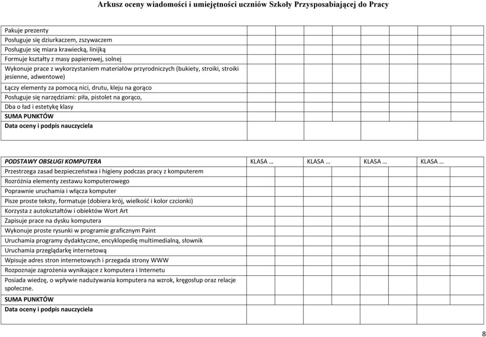 KOMPUTERA KLASA KLASA KLASA KLASA Przestrzega zasad bezpieczeństwa i higieny podczas pracy z komputerem Rozróżnia elementy zestawu komputerowego Poprawnie uruchamia i włącza komputer Pisze proste