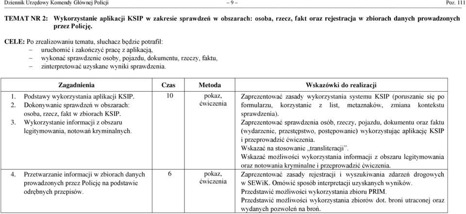 CELE: Po zrealizowaniu tematu, słuchacz będzie potrafił: uruchomić i zakończyć pracę z aplikacją, wykonać sprawdzenie osoby, pojazdu, dokumentu, rzeczy, faktu, zinterpretować uzyskane wyniki