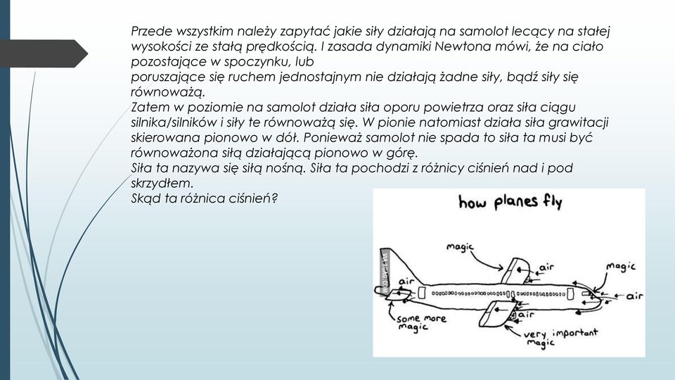 Zatem w poziomie na samolot działa siła oporu powietrza oraz siła ciągu silnika/silników i siły te równoważą się.