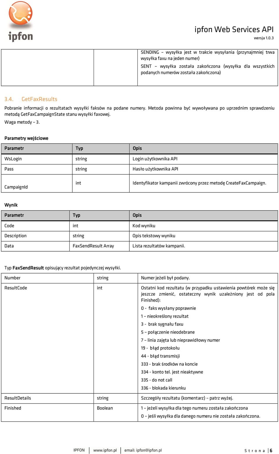 y wejściowe WsLogin string Login użytkownika API Pass string Hasło użytkownika API CampaignId int Identyfikator kampanii zwrócony przez metodę CreateFaxCampaign.