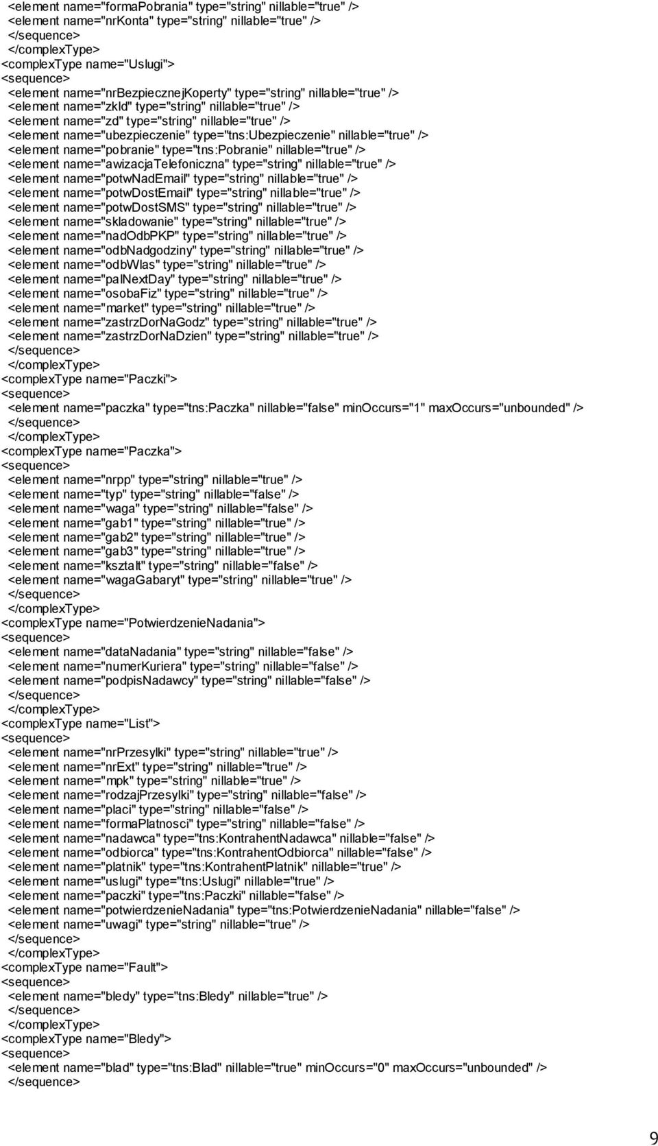 type="tns:ubezpieczenie" nillable="true" /> <element name="pobranie" type="tns:pobranie" nillable="true" /> <element name="awizacjatelefoniczna" type="string" nillable="true" /> <element