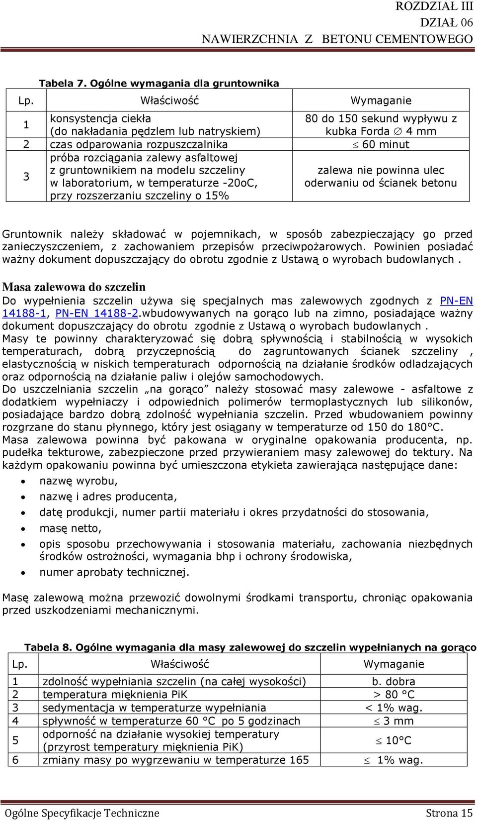 asfaltowej 3 z gruntownikiem na modelu szczeliny zalewa nie powinna ulec w laboratorium, w temperaturze -20oC, oderwaniu od ścianek betonu przy rozszerzaniu szczeliny o 15% Gruntownik należy