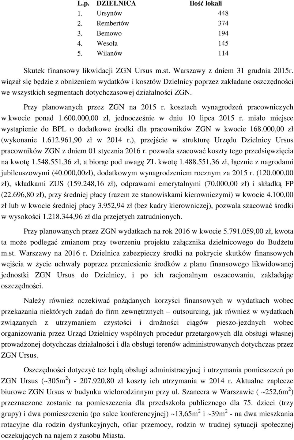 kosztach wynagrodzeń pracowniczych w kwocie ponad 1.600.000,00 zł, jednocześnie w dniu 10 lipca 2015 r. miało miejsce wystąpienie do BPL o dodatkowe środki dla pracowników ZGN w kwocie 168.