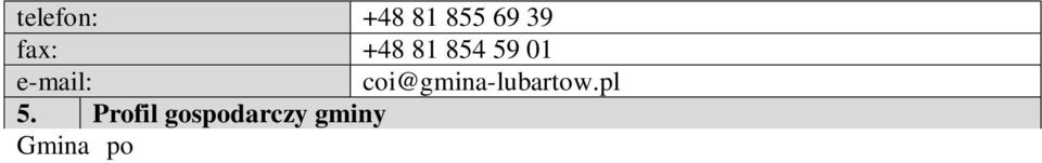 Gmina otacza miasto Lubartów pierścieniem o szerokości od 3 do 10 km, co stwarza możliwość rozwoju lokalnych podmiotów gospodarczych w kierunku obsługi strefy miejskiej oraz gwarantuje łatwy dostęp