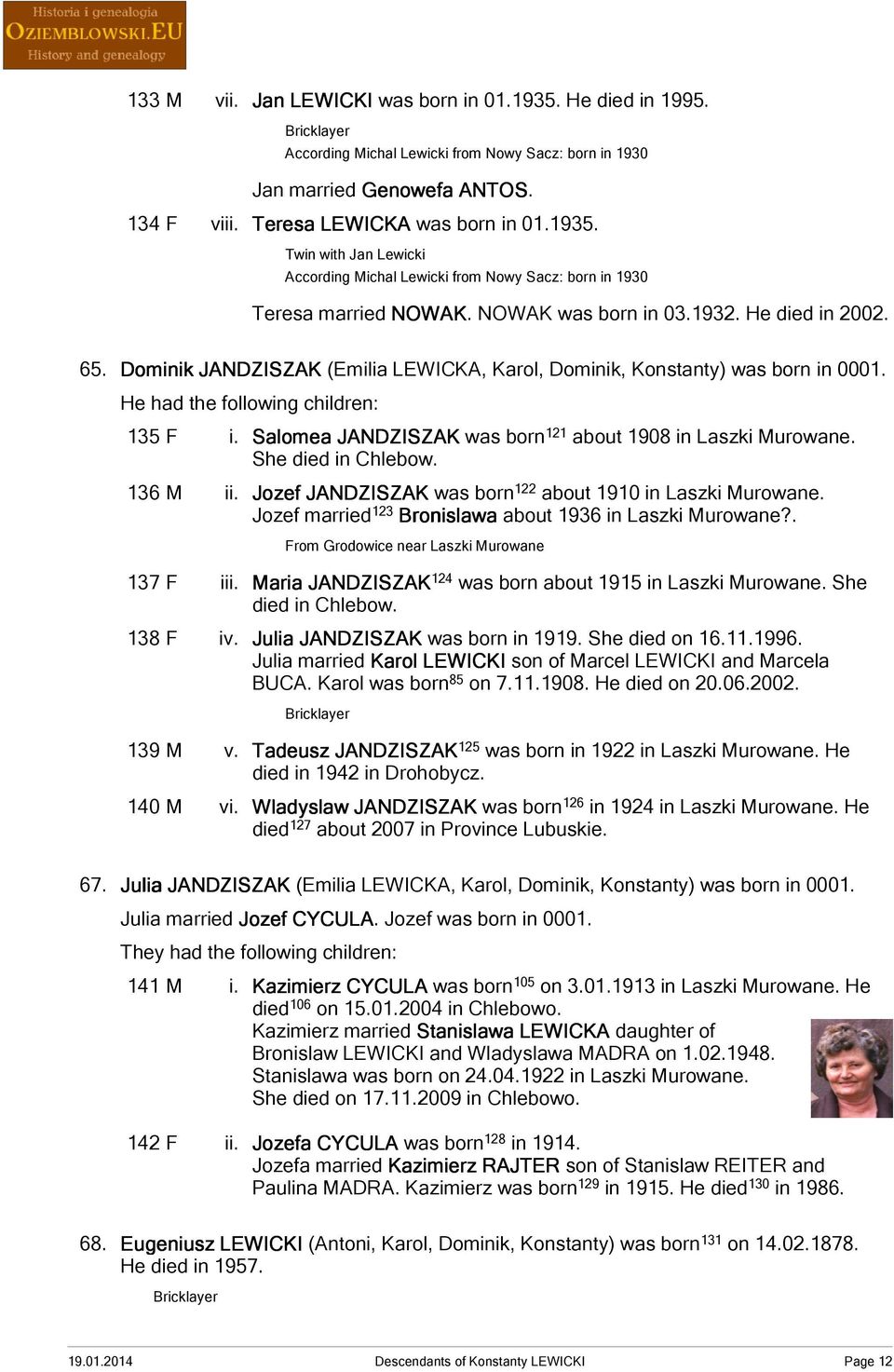 Salomea JANDZISZAK was born 121 about 1908 in Laszki Murowane. She died in Chlebow. 136 M ii. Jozef JANDZISZAK was born 122 about 1910 in Laszki Murowane.