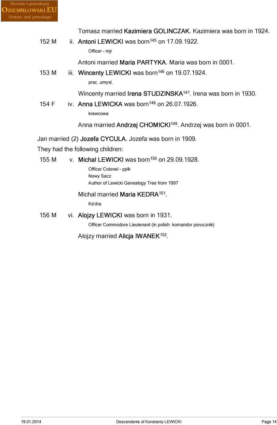 krawcowa Anna married Andrzej CHOMICKI 149. Andrzej was born in 0001. Jan married (2) Jozefa CYCULA. Jozefa was born in 1909. 155 M v. Michal LEWICKI was born 150 on 29.09.1928.
