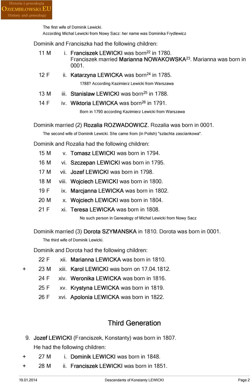 According Kazimierz Lewicki from Warszawa 13 M iii. Stanislaw LEWICKI was born 25 in 1788. 14 F iv. Wiktoria LEWICKA was born 26 in 1791.