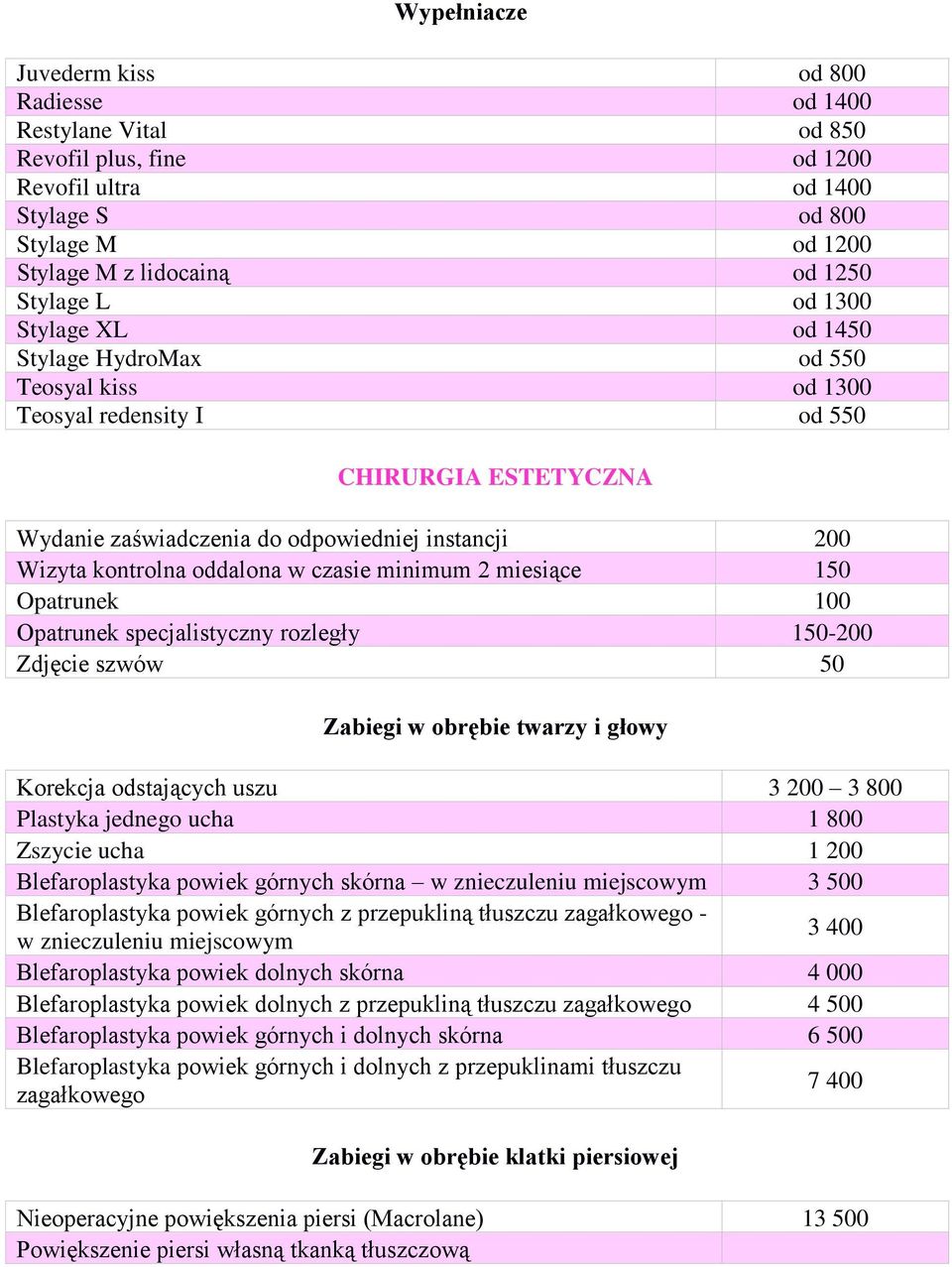 czasie minimum 2 miesiące 150 Opatrunek 100 Opatrunek specjalistyczny rozległy 150-200 Zdjęcie szwów 50 Zabiegi w obrębie twarzy i głowy Korekcja odstających uszu 3 200 3 800 Plastyka jednego ucha 1