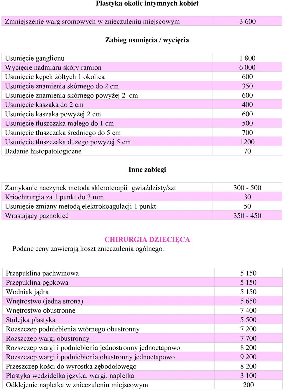 małego do 1 cm 500 Usunięcie tłuszczaka średniego do 5 cm 700 Usunięcie tłuszczaka dużego powyżej 5 cm 1200 Badanie histopatologiczne 70 Inne zabiegi Zamykanie naczynek metodą skleroterapii