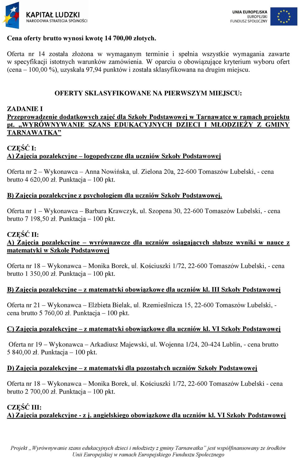 OFERTY SKLASYFIKOWANE NA PIERWSZYM MIEJSCU: ZADANIE I Przeprowadzenie dodatkowych zajęć dla Szkoły Podstawowej w Tarnawatce w ramach projektu pt.