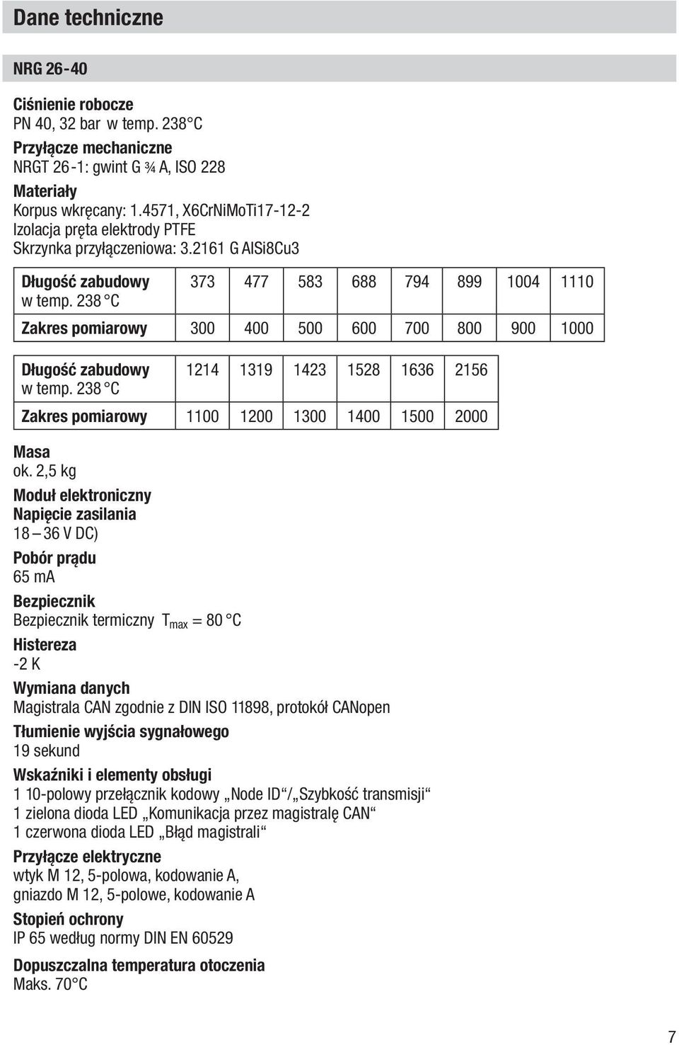 238 C Zakres pomiarowy 300 400 500 600 700 800 900 1000 Długość zabudowy 1214 1319 1423 1528 1636 2156 w temp. 238 C Zakres pomiarowy 1100 1200 1300 1400 1500 2000 Masa ok.