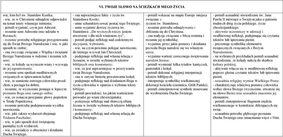 potrzebę religijnego przygotowania się do Świąt Bożego Narodzenie i wie, w jaki sposób to zrobić; - zna zwyczaje związane z Wigilią i świętami Bożego Narodzenia w rodzinie i rozumie ich sens; - wie,