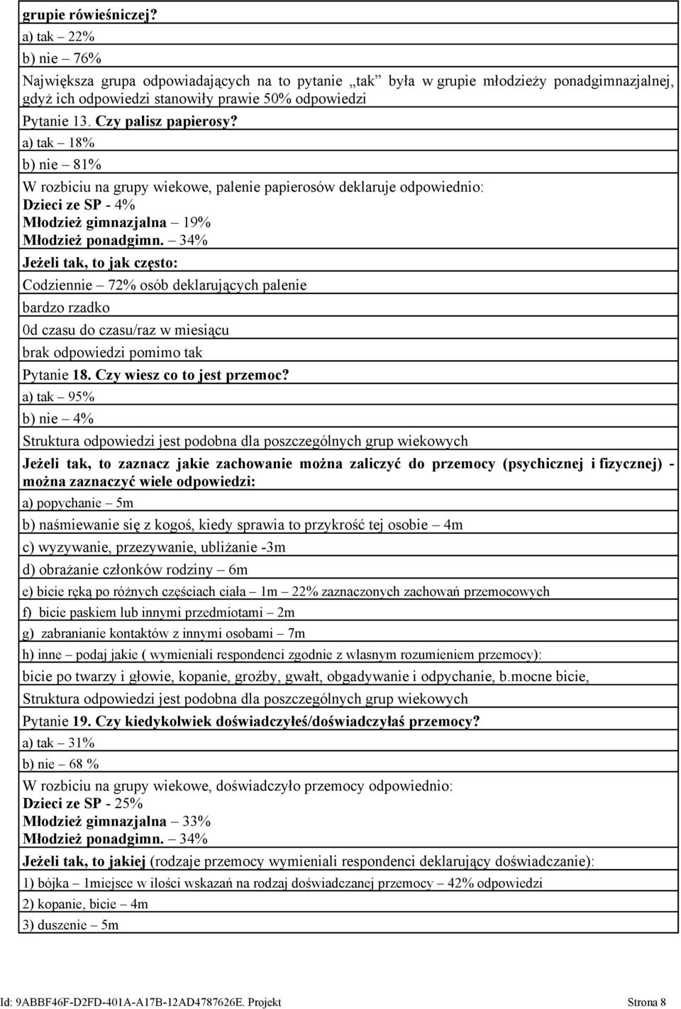 34% Jeżeli tak, to jak często: Codziennie 72% osób deklarujących palenie bardzo rzadko 0d czasu do czasu/raz w miesiącu brak odpowiedzi pomimo tak Pytanie 18. Czy wiesz co to jest przemoc?