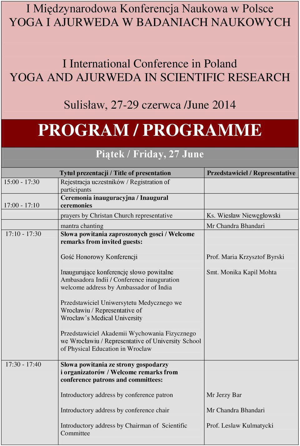 17:00-17:10 ceremonies prayers by Christan Church representative mantra chanting 17:10-17:30 Słowa powitania zaproszonych gosci / Welcome remarks from invited guests: Gość Honorowy Konferencji