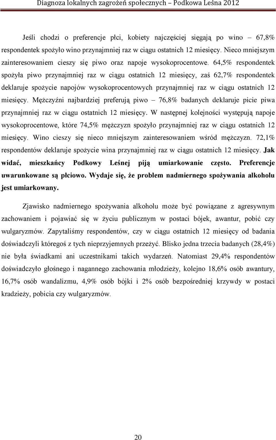 64,5% respondentek spożyła piwo przynajmniej raz w ciągu ostatnich 12 miesięcy, zaś 62,7% respondentek deklaruje spożycie napojów wysokoprocentowych przynajmniej raz w ciągu ostatnich 12 miesięcy.