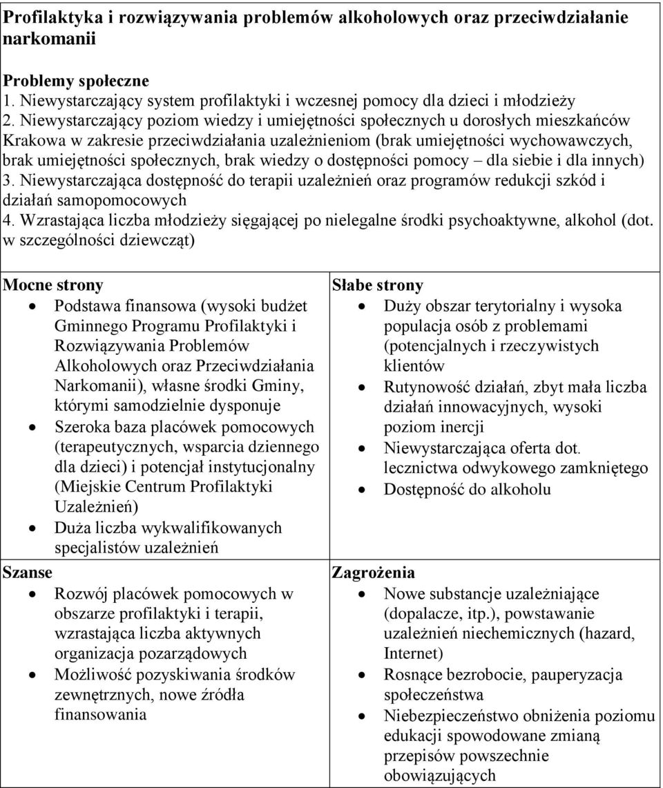 brak wiedzy o dostępności pomocy dla siebie i dla innych) 3. Niewystarczająca dostępność do terapii uzależnień oraz programów redukcji szkód i działań samopomocowych 4.