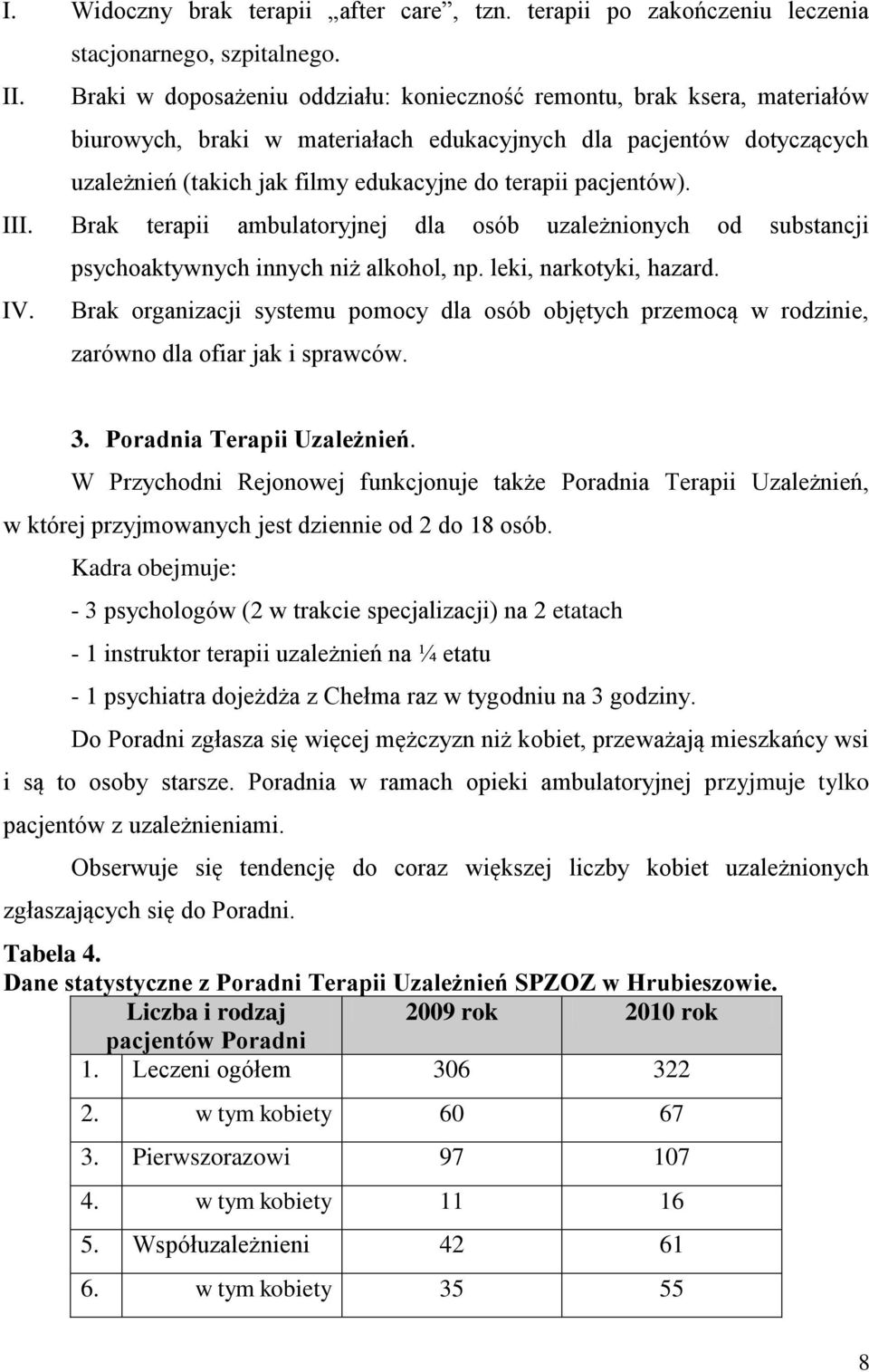 pacjentów). III. Brak terapii ambulatoryjnej dla osób uzależnionych od substancji psychoaktywnych innych niż alkohol, np. leki, narkotyki, hazard. IV.