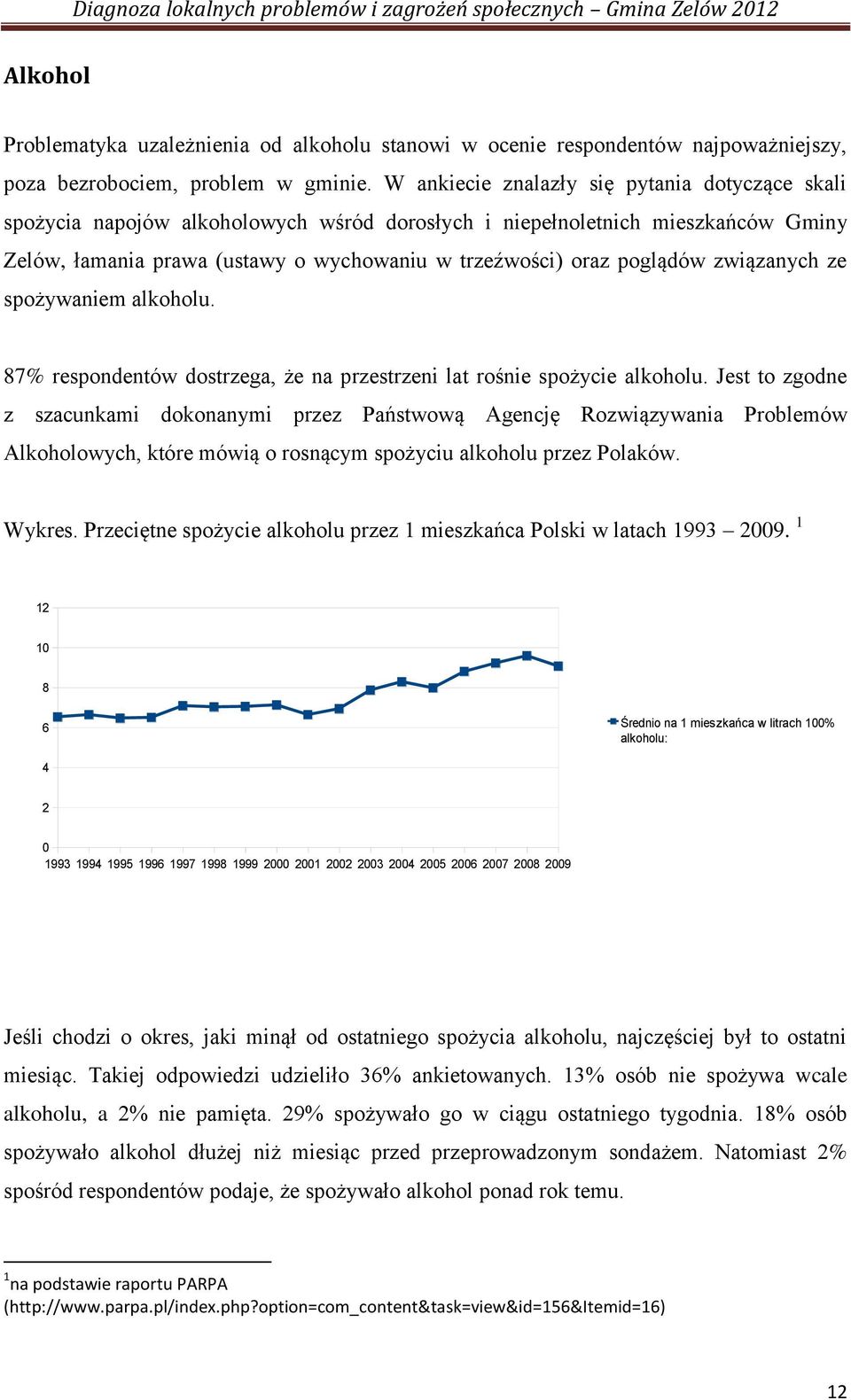 związanych ze spożywaniem alkoholu. 87% respondentów dostrzega, że na przestrzeni lat rośnie spożycie alkoholu.