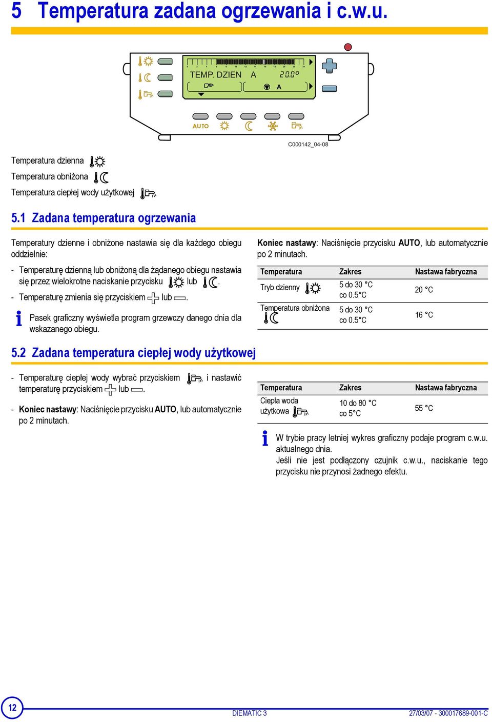 naciskanie przycisku lub. - Temperaturę zmienia się przyciskiem lub. Pasek graficzny wyświetla program grzewczy danego dnia dla wskazanego obiegu.