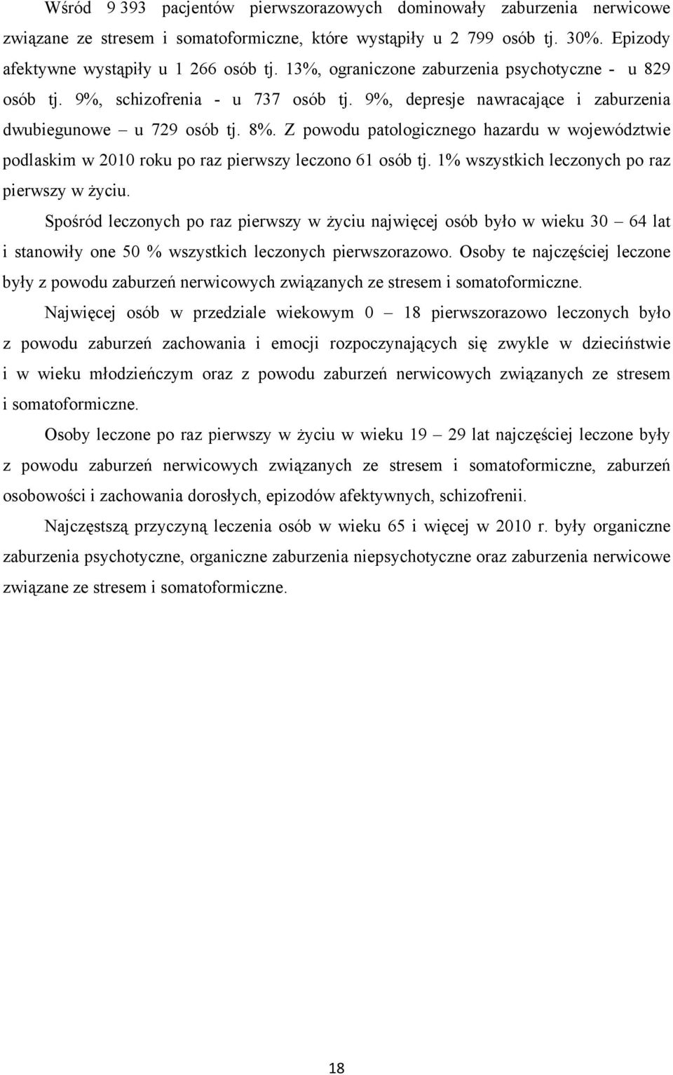 Z powodu patologicznego hazardu w województwie podlaskim w 2010 roku po raz pierwszy leczono 61 osób tj. 1% wszystkich leczonych po raz pierwszy w Ŝyciu.