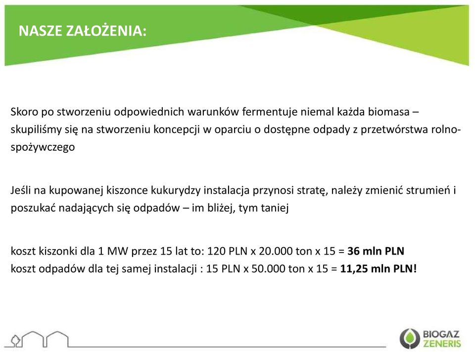 przynosi stratę, należy zmienić strumień i poszukać nadających się odpadów im bliżej, tym taniej koszt kiszonki dla 1 MW