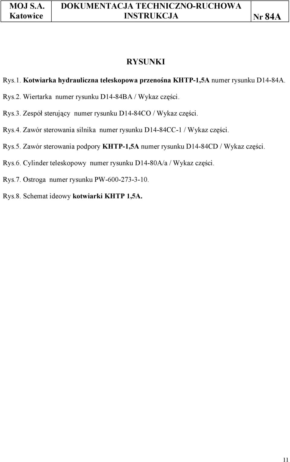 Rys.5. Zawór sterowania podpory KHTP-1,5A numer rysunku D14-84CD / Wykaz części. Rys.6.