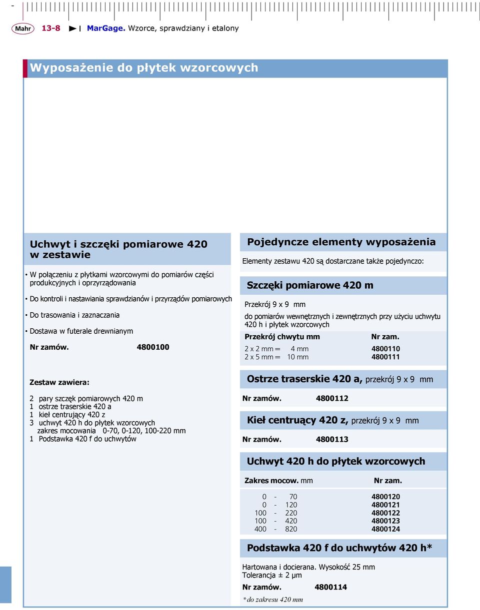 4800100 Pojedyncze elementy wyposażenia Elementy zestawu 420 są dostarczane także pojedynczo: Szczęki pomiarowe 420 m Przekrój 9 x 9 mm do pomiarów wewnętrznych i zewnętrznych przy użyciu uchwytu 420