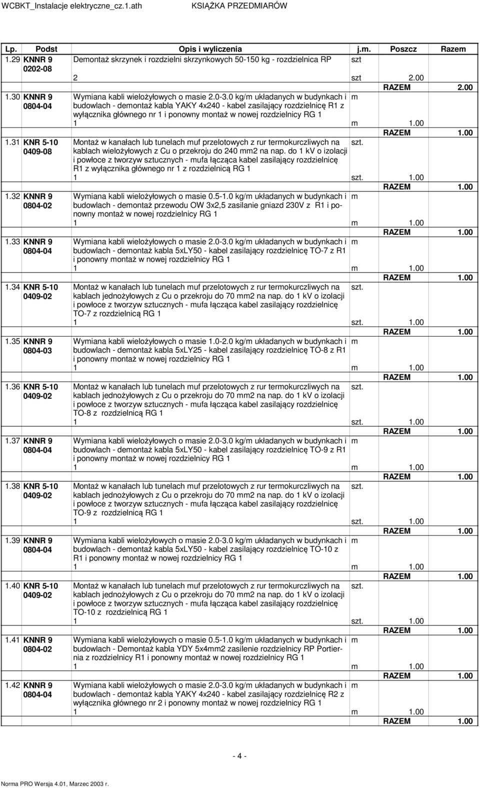 33 KNNR 9 1.34 KNR 5-10 1.35 KNNR 9 1.36 KNR 5-10 1.37 KNNR 9 1.38 KNR 5-10 1.39 KNNR 9 1.40 KNR 5-10 1.41 KNNR 9 0804-02 1.42 KNNR 9 kablach wielożyłowych z Cu o przekroju do 240 mm2 na nap.