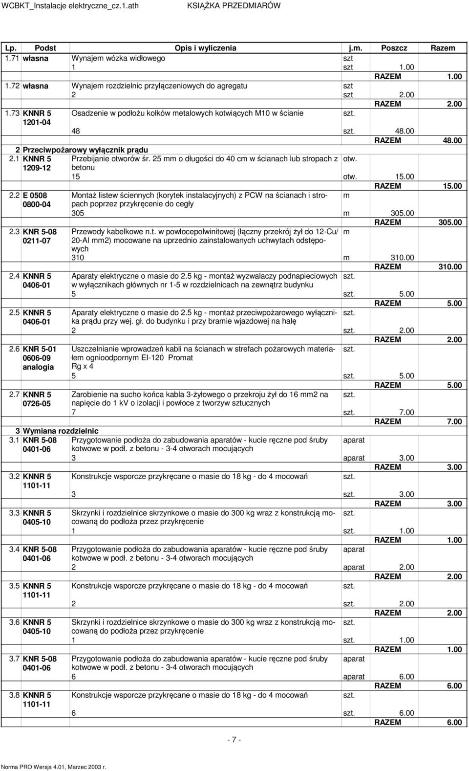 00 RAZEM 305.00 2.3 KNR 5-08 Przewody kabelkowe n.t. w powłocepolwinitowej (łączny przekrój żył do 12-Cu/ m 0211-07 20-Al mm2) mocowane na uprzednio zainstalowanych uchwytach odstępowych 310 m 310.