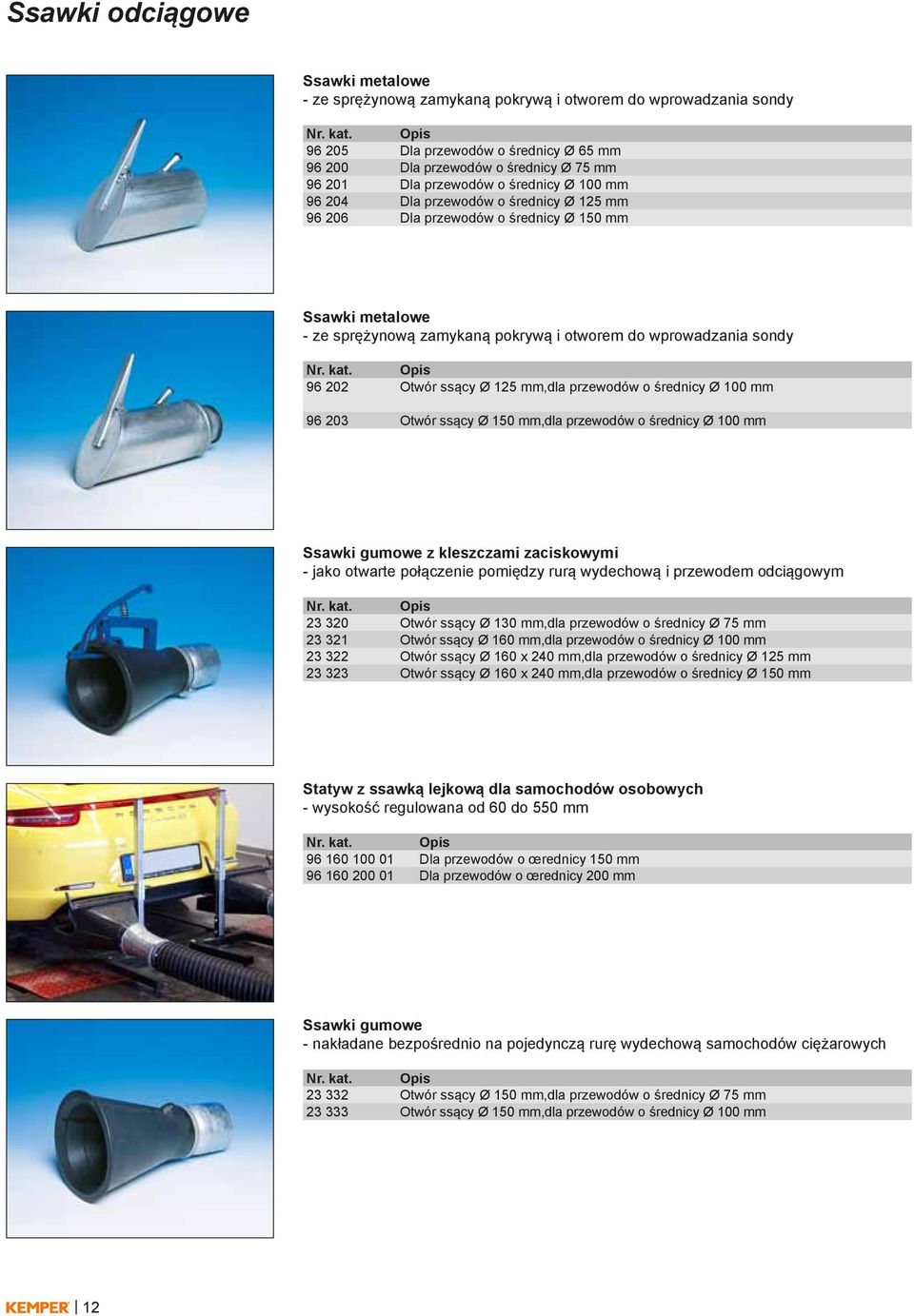 ssący Ø 125 mm,dla przewodów o średnicy Ø 100 mm 96 203 Otwór ssący Ø 150 mm,dla przewodów o średnicy Ø 100 mm Ssawki gumowe z kleszczami zaciskowymi - jako otwarte połączenie pomiędzy rurą wydechową