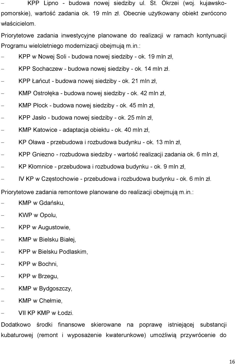 19 mln zł, KPP Sochaczew - budowa nowej siedziby - ok. 14 mln zł. KPP Łańcut - budowa nowej siedziby - ok. 21 mln zł, KMP Ostrołęka - budowa nowej siedziby - ok.