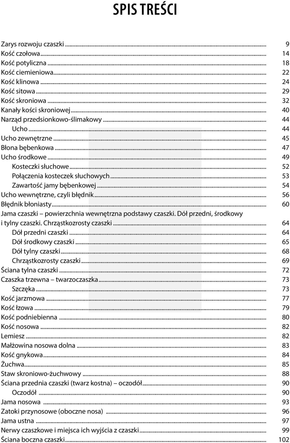 .. 53 Zawartość jamy bębenkowej... 54 Ucho wewnętrzne, czyli błędnik... 56 Błędnik błoniasty... 60 Jama czaszki powierzchnia wewnętrzna podstawy czaszki. Dół przedni, środkowy i tylny czaszki.