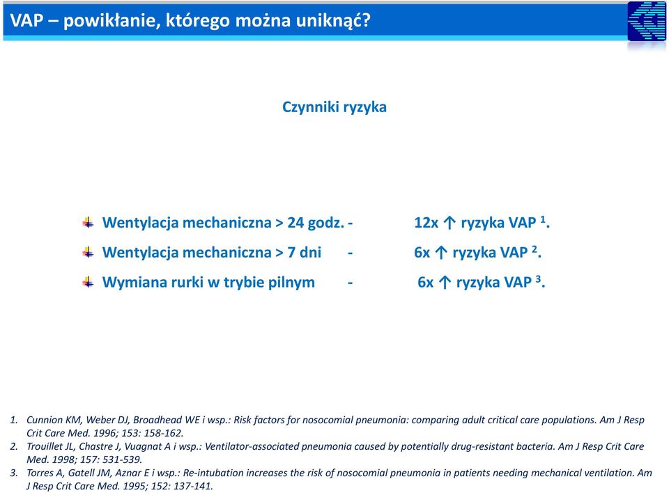 : Ventilator-associated pneumonia caused by potentially drug-resistant bacteria. Am J Resp Crit Care Med. 1998; 157: 531-539. 3. Torres A, Gatell JM, Aznar E i wsp.