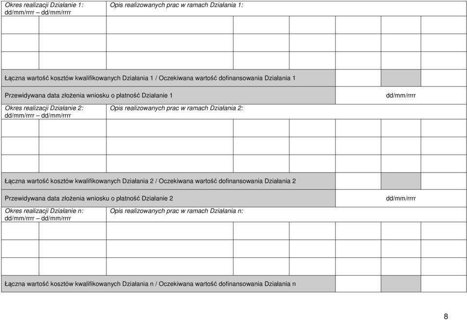 Działania 2: Łączna wartość kosztów kwalifikowanych Działania 2 / Oczekiwana wartość dofinansowania Działania 2 Przewidywana data złoŝenia wniosku o płatność Działanie 2 dd/mm/rrrr